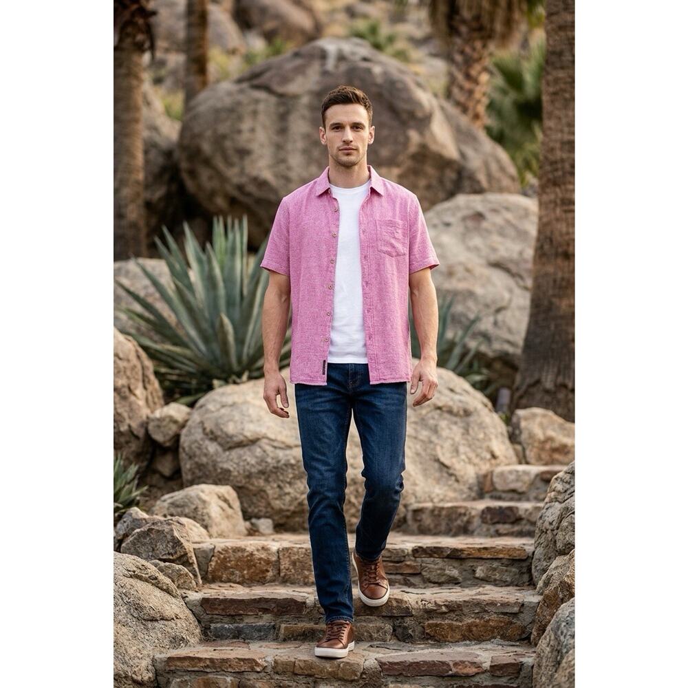 Pete Huntington Hand Crafted Pink Woven Short Sleeve Shirt XL
